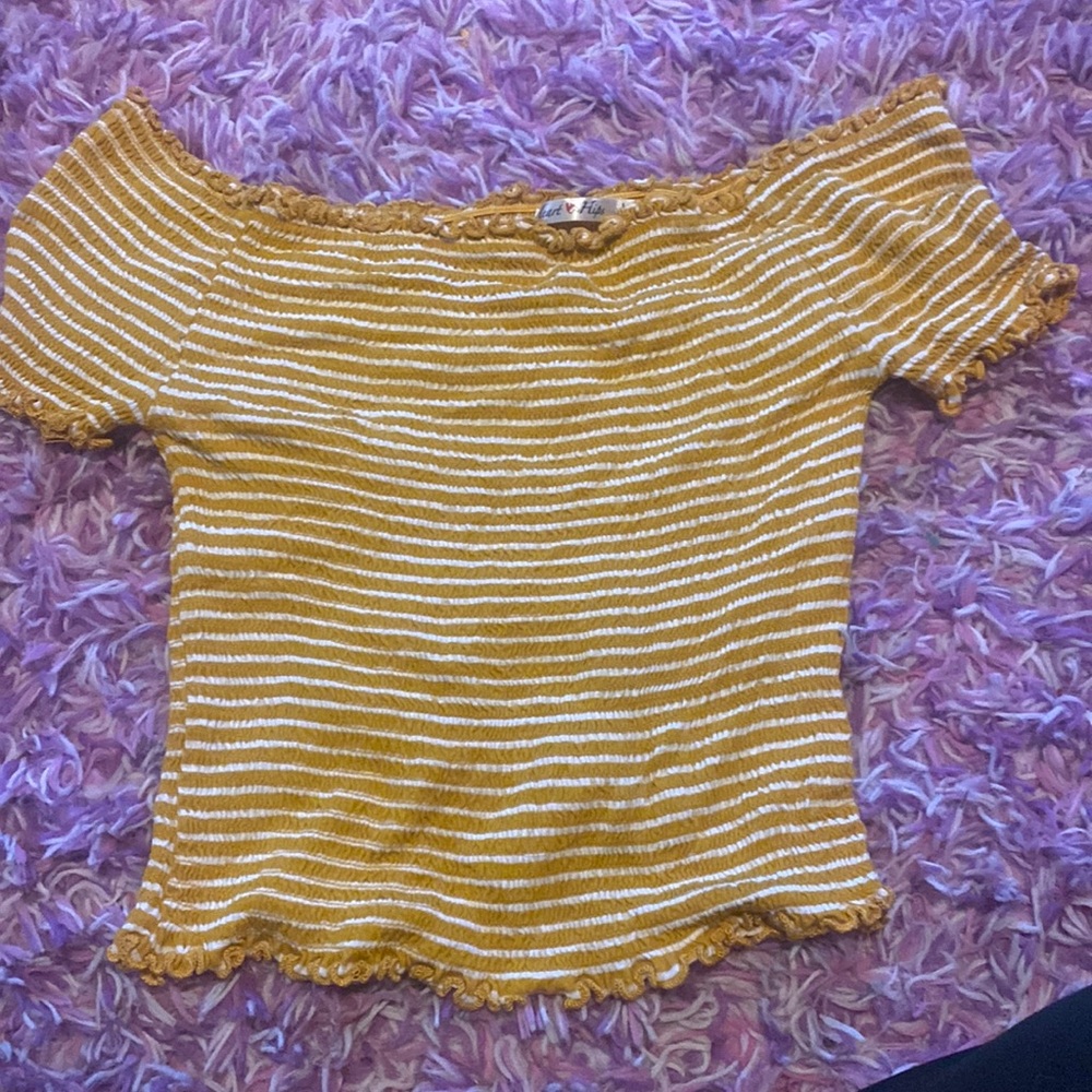 Yellow and white striped off the shoulder top